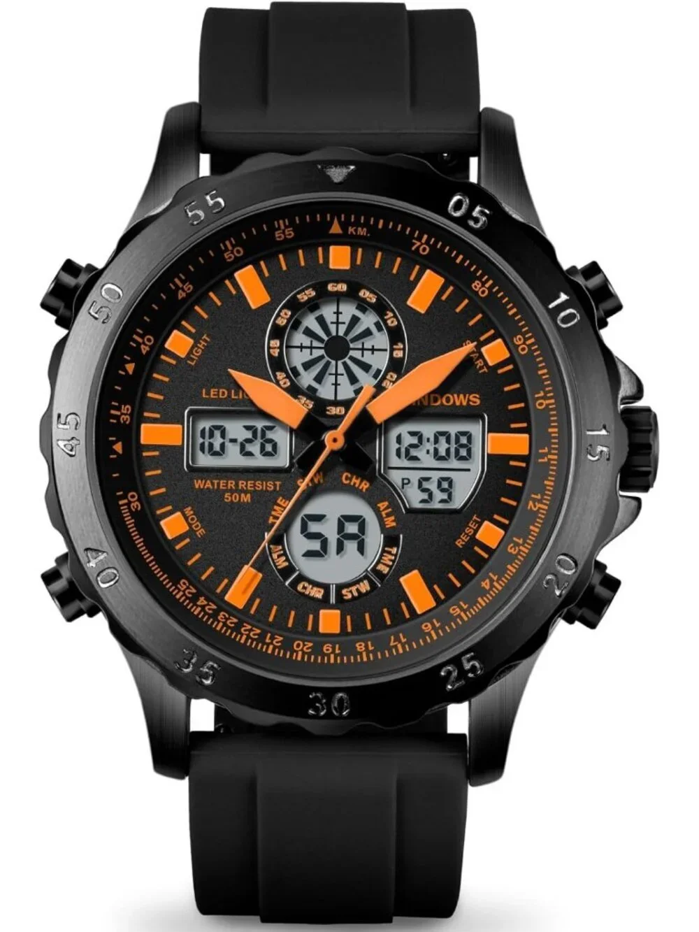 Men's Black Orange Analog Waterproof Military Multifunctional LED Digital Watch